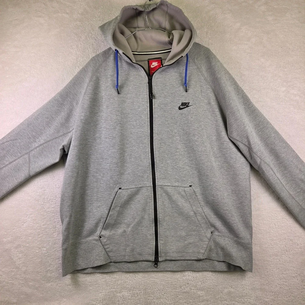 Nike Mens Full Zip Hoodie Heather Grey Blue Drawstring Sweatshirt Large